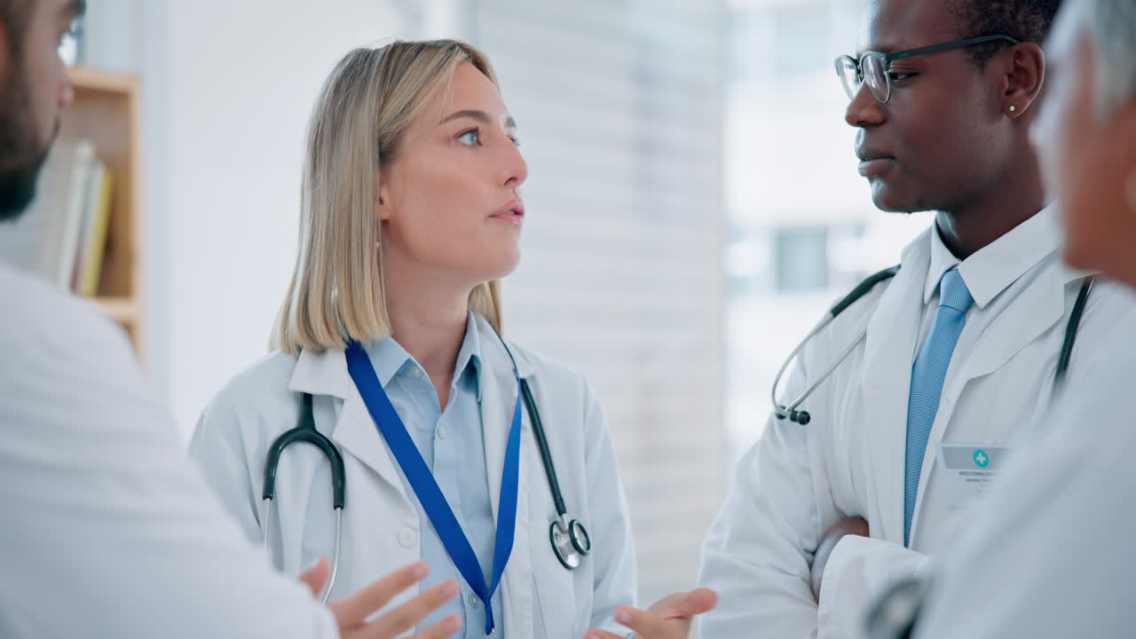 Team meeting, woman or doctors talking