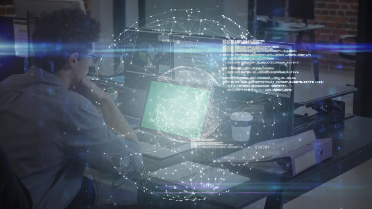 red de conexiones contra un hombre caucásico que usa una computadora portátil en la oficina