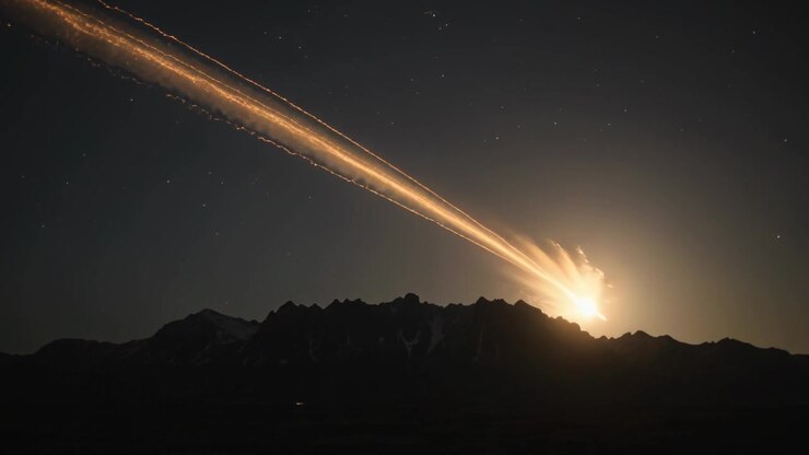 Streaking meteor entering upper-left, burning and fragmenting above mountain ridge, leaving trail