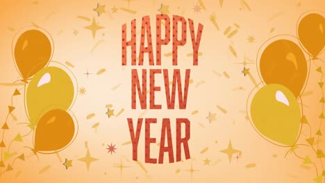 animation of happy new year text spotted red letters, with yellow balloons on orange background