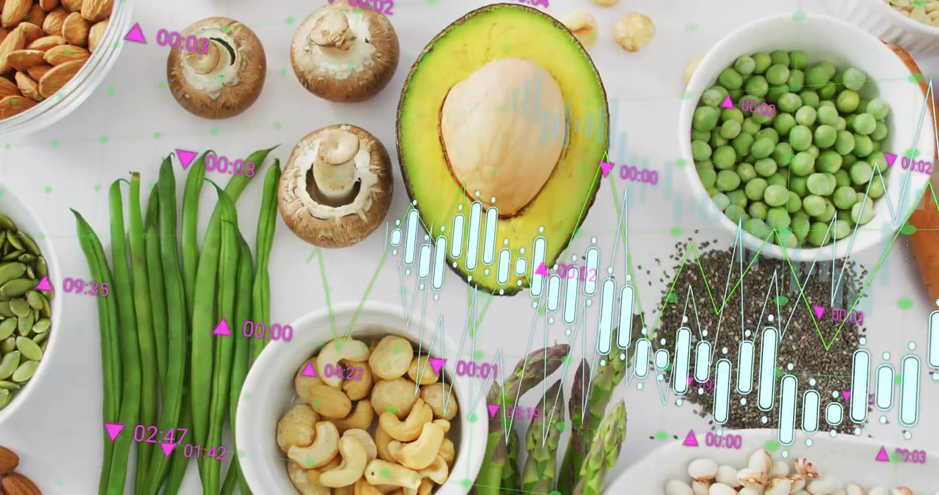 Grafik kandil transparan menyapu bahan-bahan nabati, memvisualisasikan tren data nutrisi