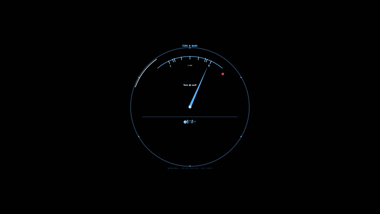 Um instrumento de aviação digital ciano de curva e inclinação, com ponteiro deslizante, esfera de inclinômetro e luz indicadora de status. O medidor animado se repete perfeitamente como uma sobreposição tecnológica transparente.