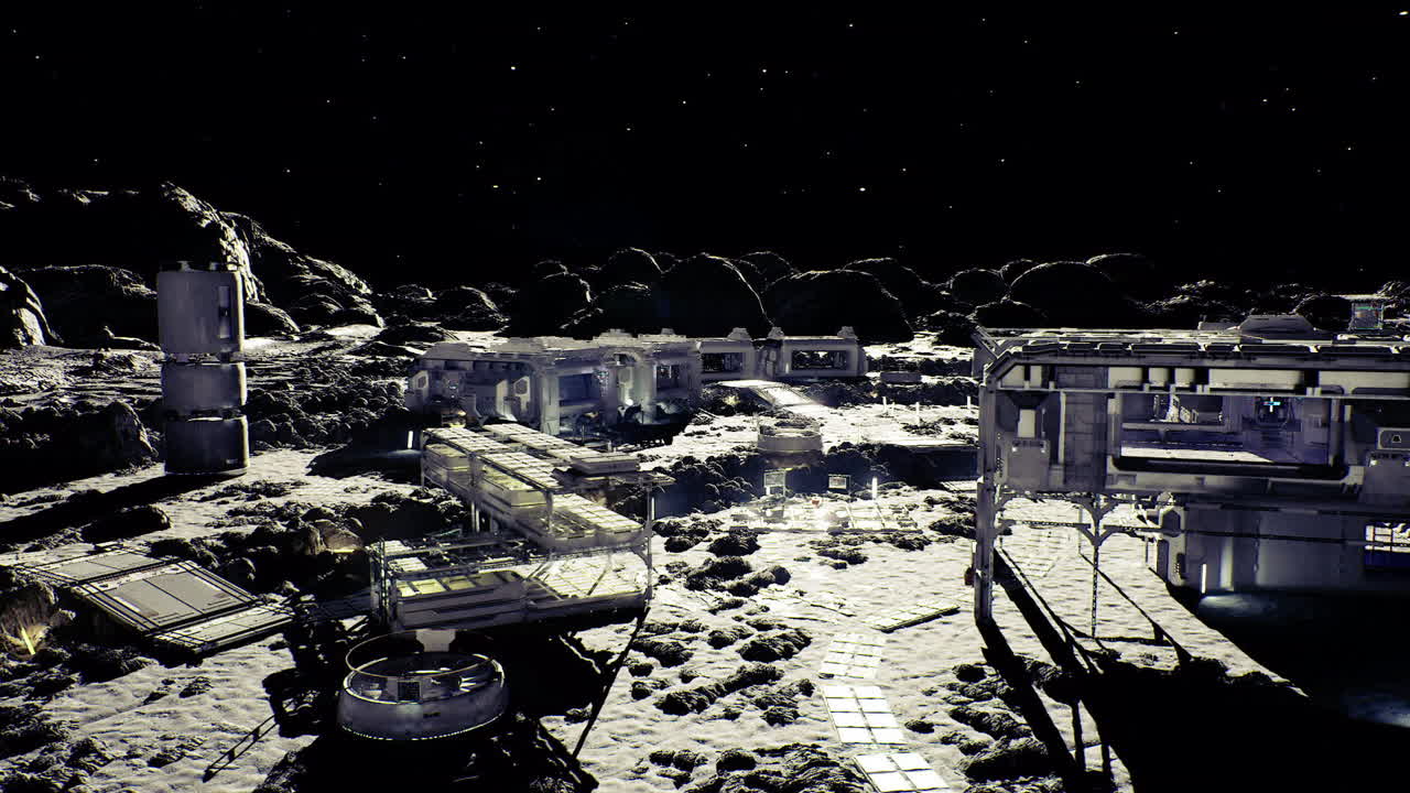 Robotic excavation equipment and dust plumes work near crater rim on moon