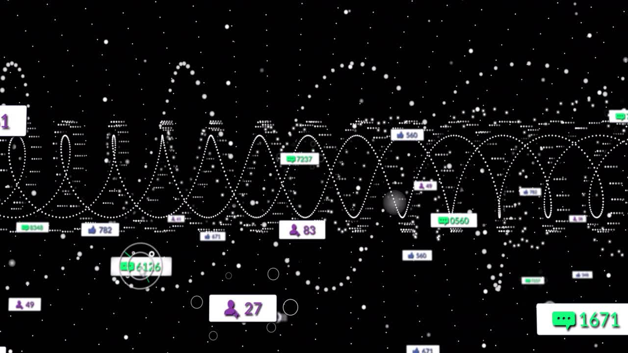 Data pulsing along dotted waveform spawning floating badges, showing counts for dashboard