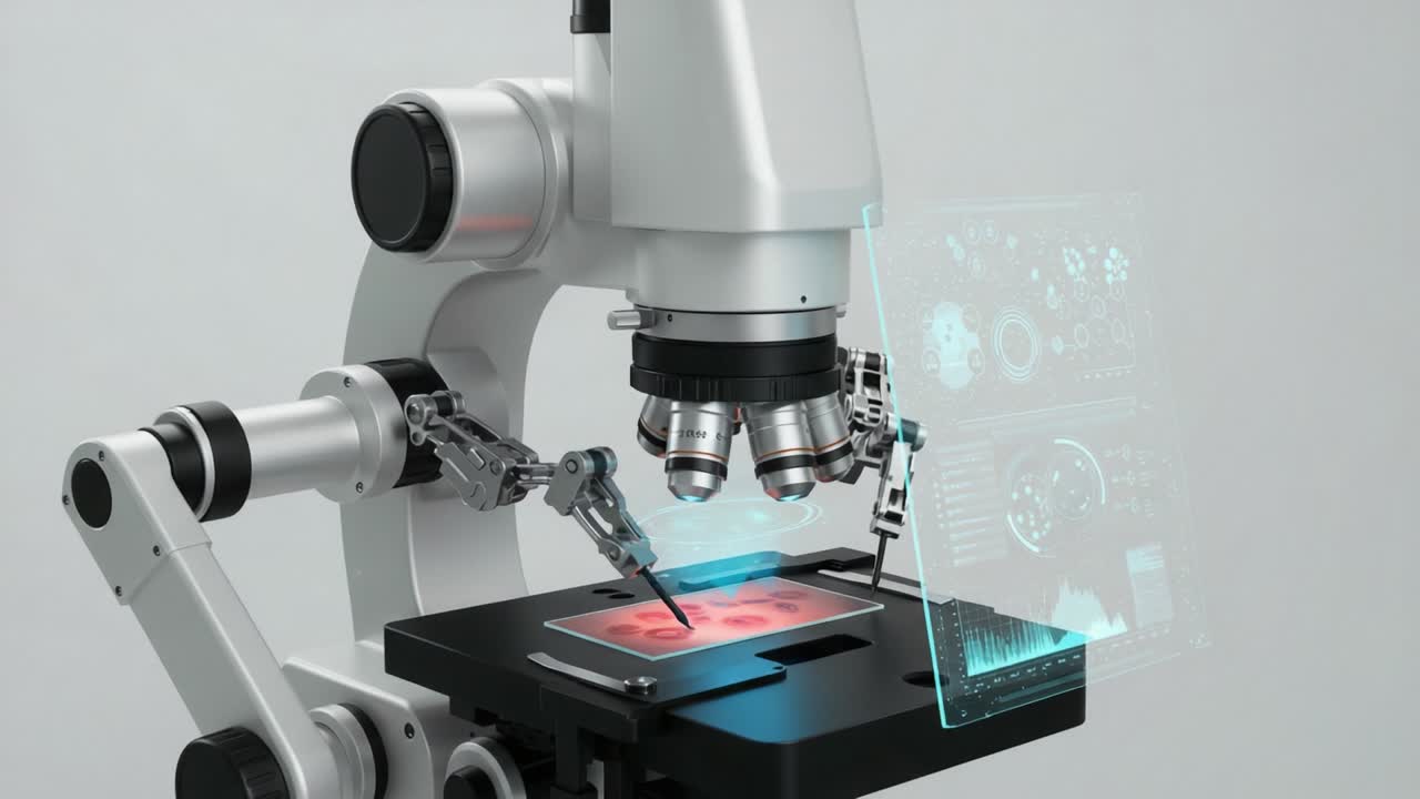 Advanced Microscope Analyzing Samples with Cutting-Edge Technology and Interactive Data Visualization on a Digital Display for Enhanced Scientific Research