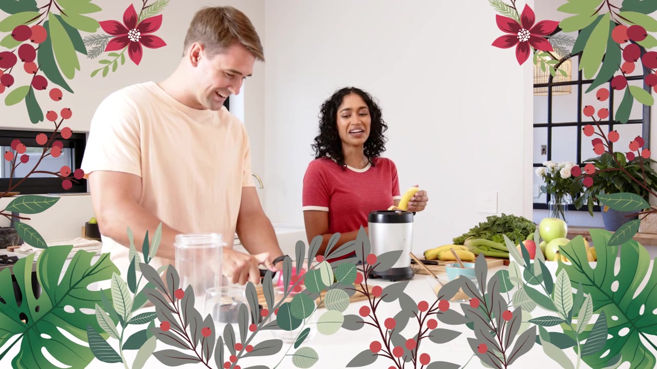 Man starting blender after placing jar, woman adding banana for smoothie, floral border framing
