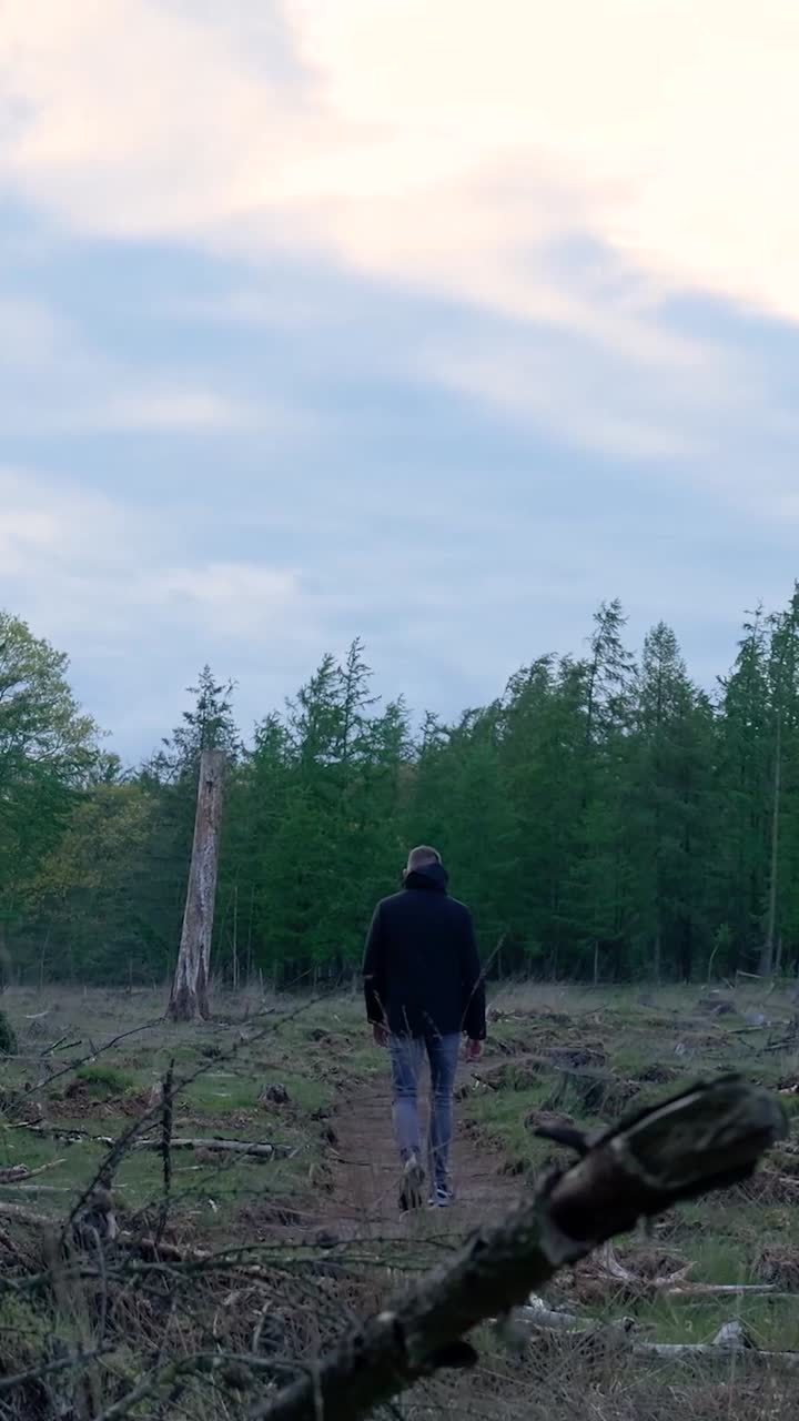 Uomo che cammina in una radura nel bosco