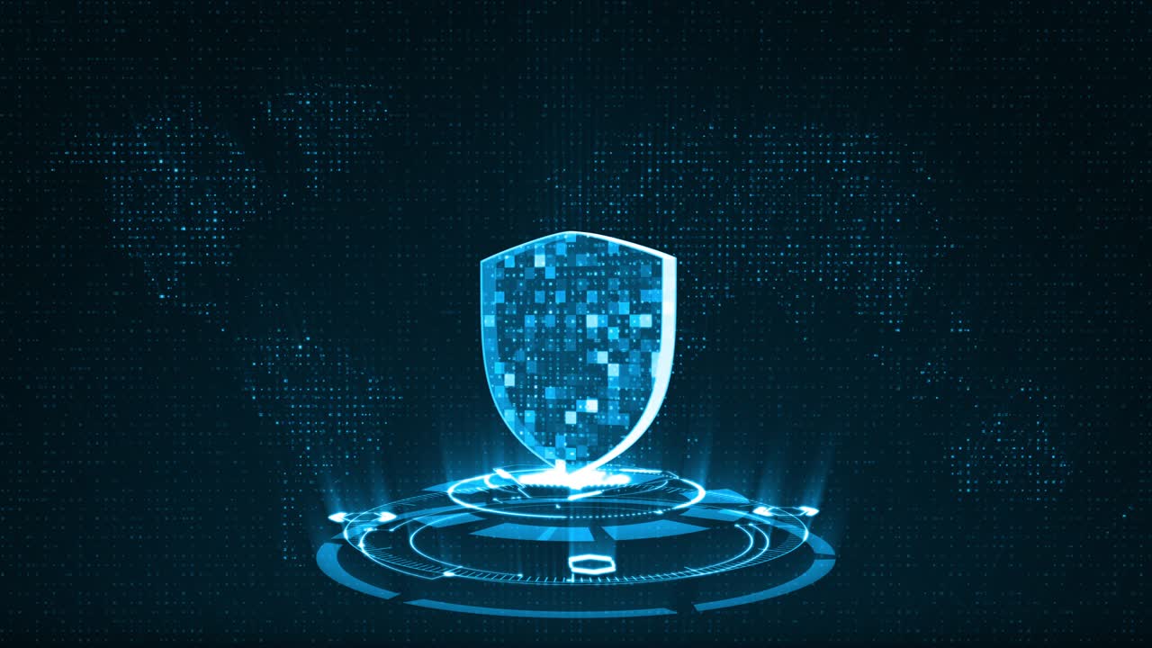 gráfico de escudo de seguridad de movimiento azul 3d con tecnología de círculo de rotación concepto de seguridad de red de fondo abstracto