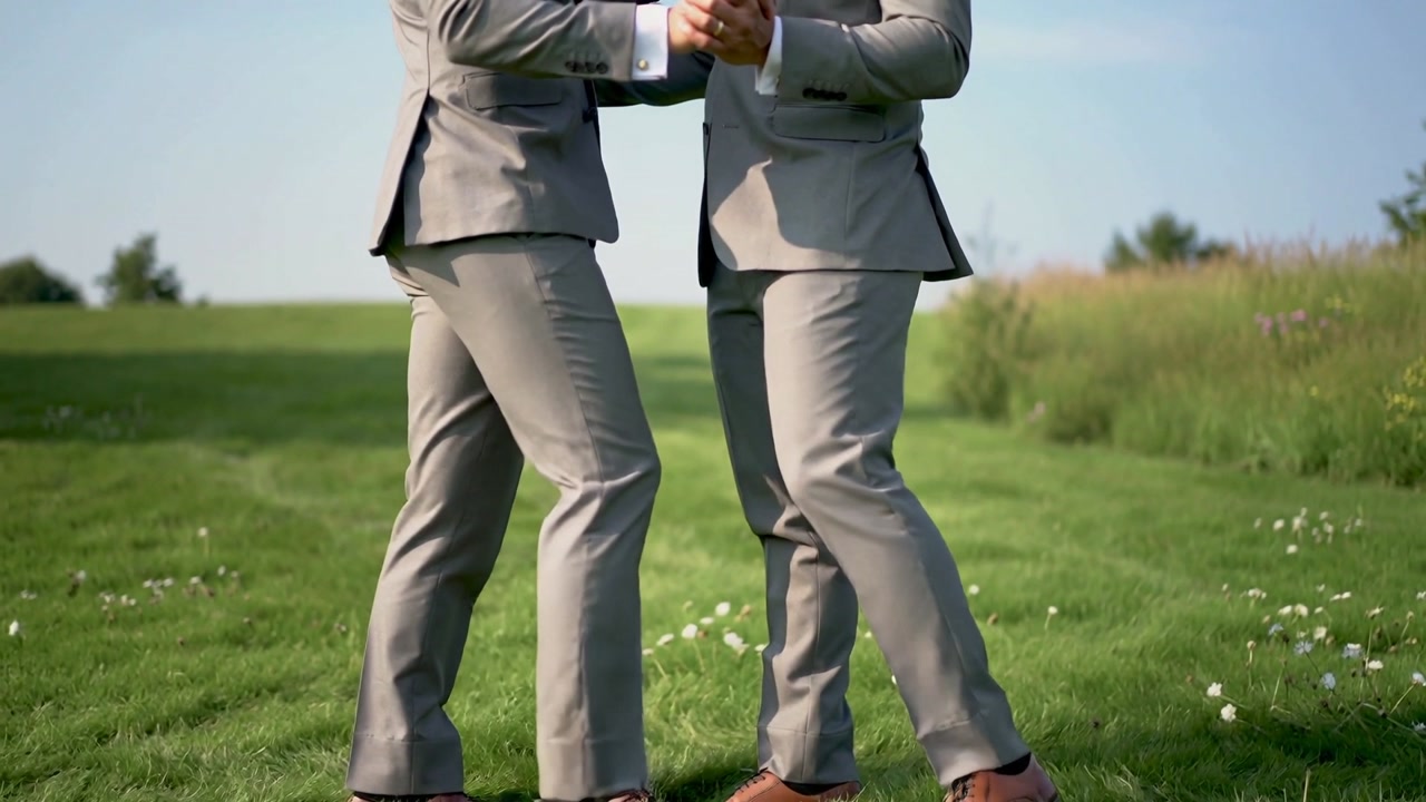 Stepping two men in gray suits performing formal dance in field after foot lift, clasped hands
