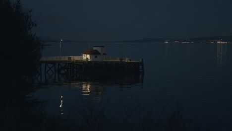 old wooden pier in evening light, with water and distant flashing lights, static wide with trees around