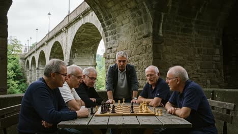 a group of friends engaged in a strategic chess match beneath a historic bridge surrounded by nature and architecture