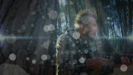 hunter crouching behind pine tree in forest, with animated rifle stats for education