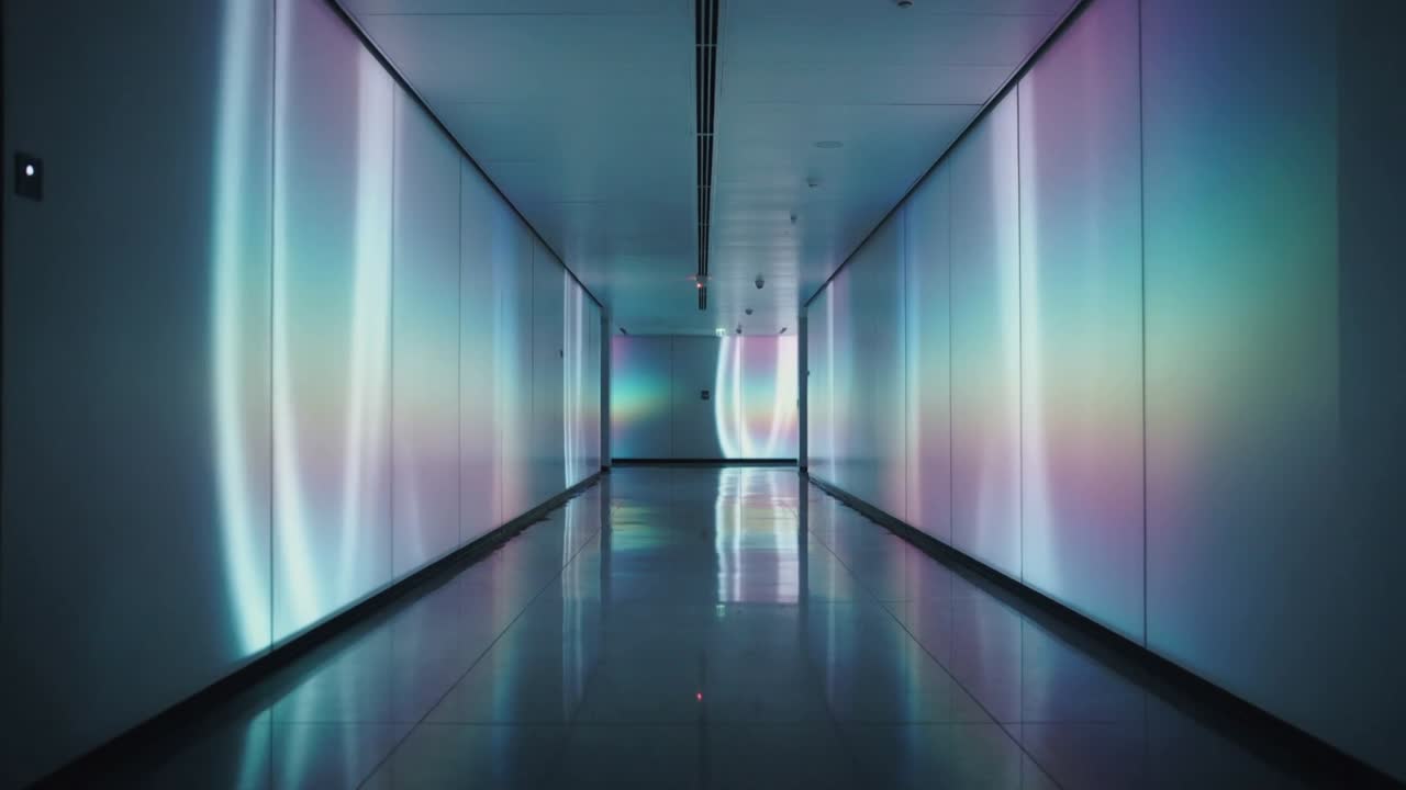 Panel activating gallery lighting corridor shifting bands reflecting on shiny floor with red sensor