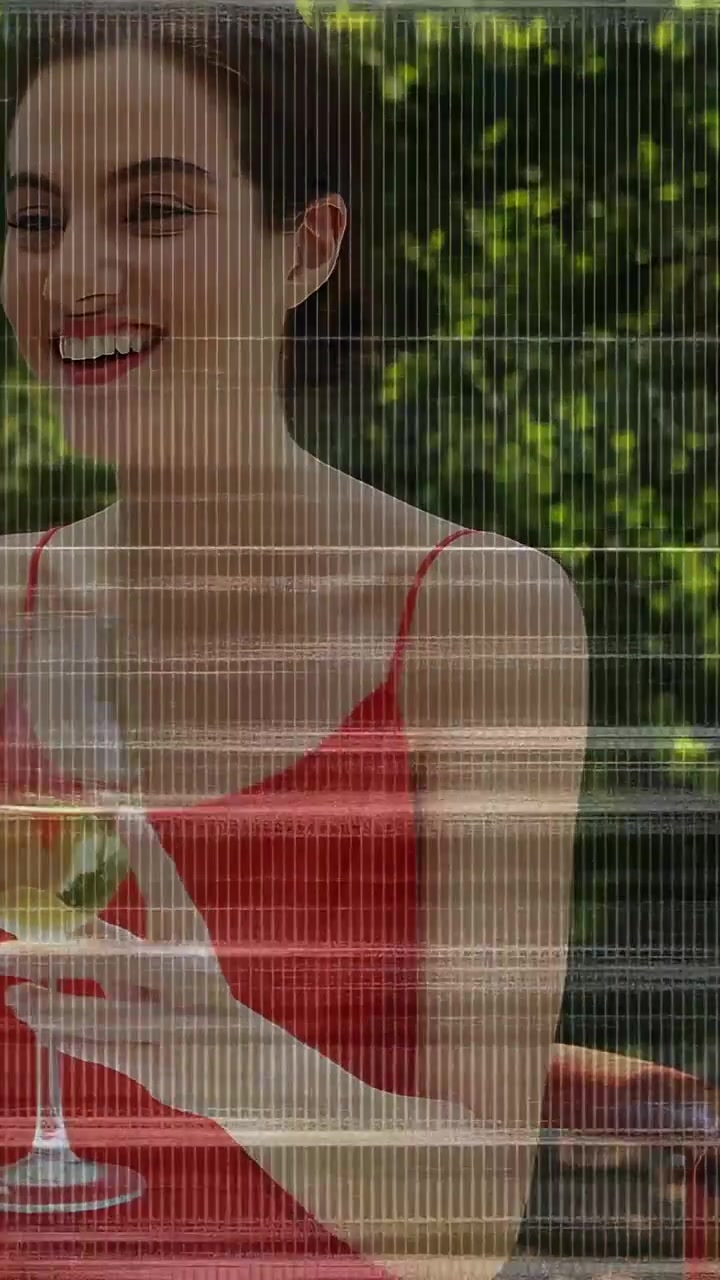 Smilende kvinde i rød top vender sig mod stemme uden for billedet, løfter vinglas på terrasse, scanlines, plads til tekst.