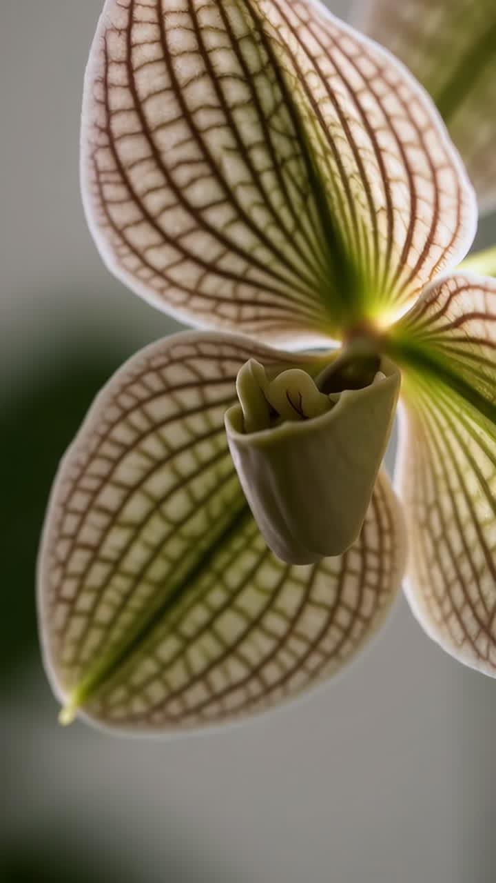 Close-up of a striped orchid flower backlit by natural light