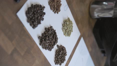 vertical, dark and light coffee beans are piled up for display on counter