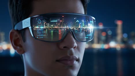 a user engaging with advanced augmented reality glasses showcasing a vibrant night cityscape reflected in the lenses, merging technology and urban aesthetics