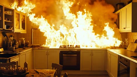 a kitchen with a large fire coming out of the oven