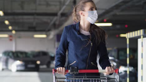 video of woman in protective mask with shopping cart