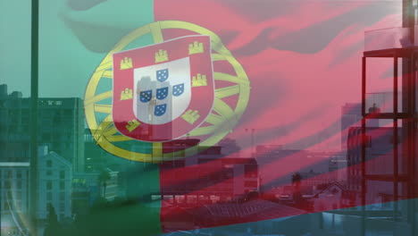 colorful sunset backdrop with portuguese flag animation overlaying urban cityscape
