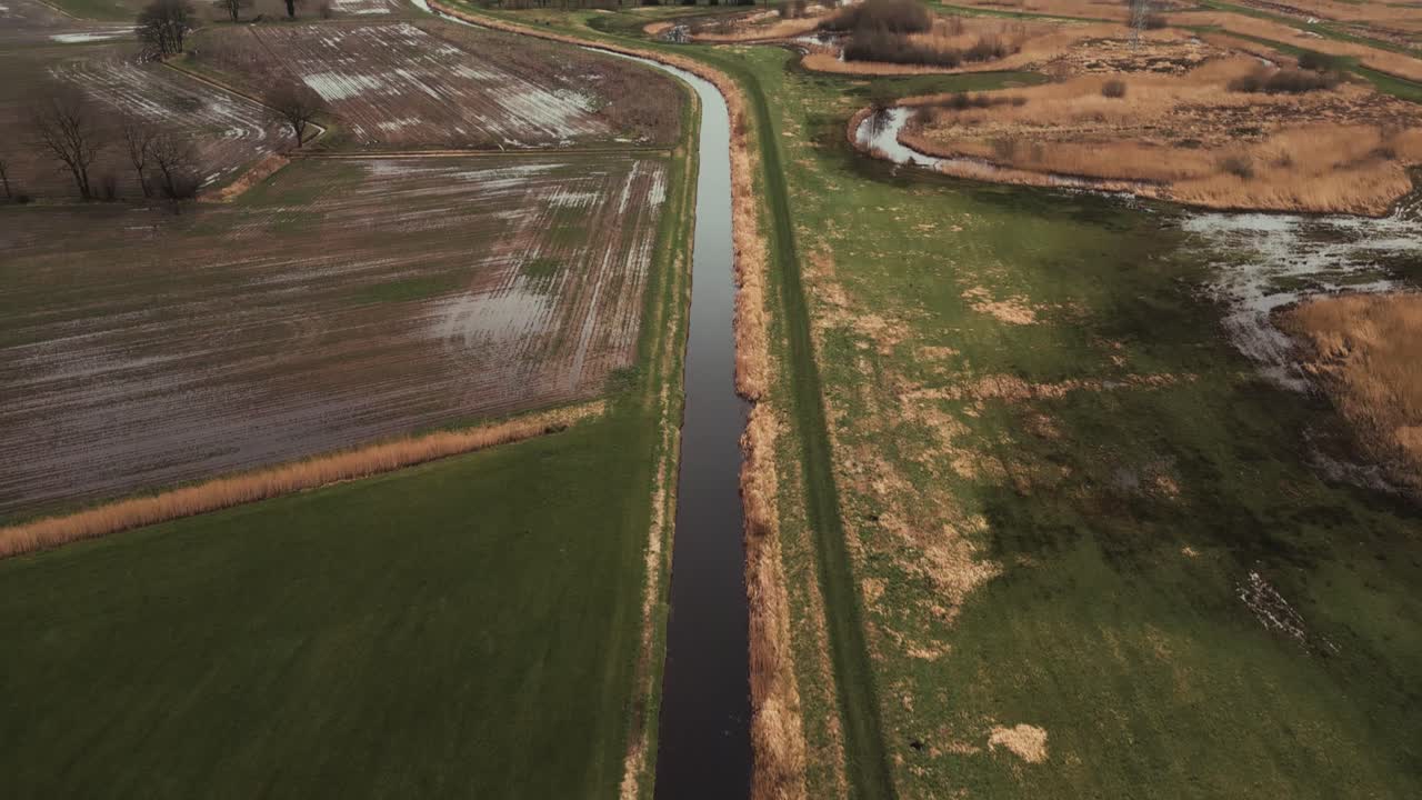 Aerial View of Rural Landscape with Canal and Fields