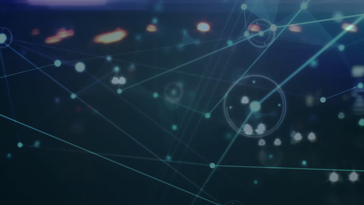 Network connections and data points animation over blurred city lights at night