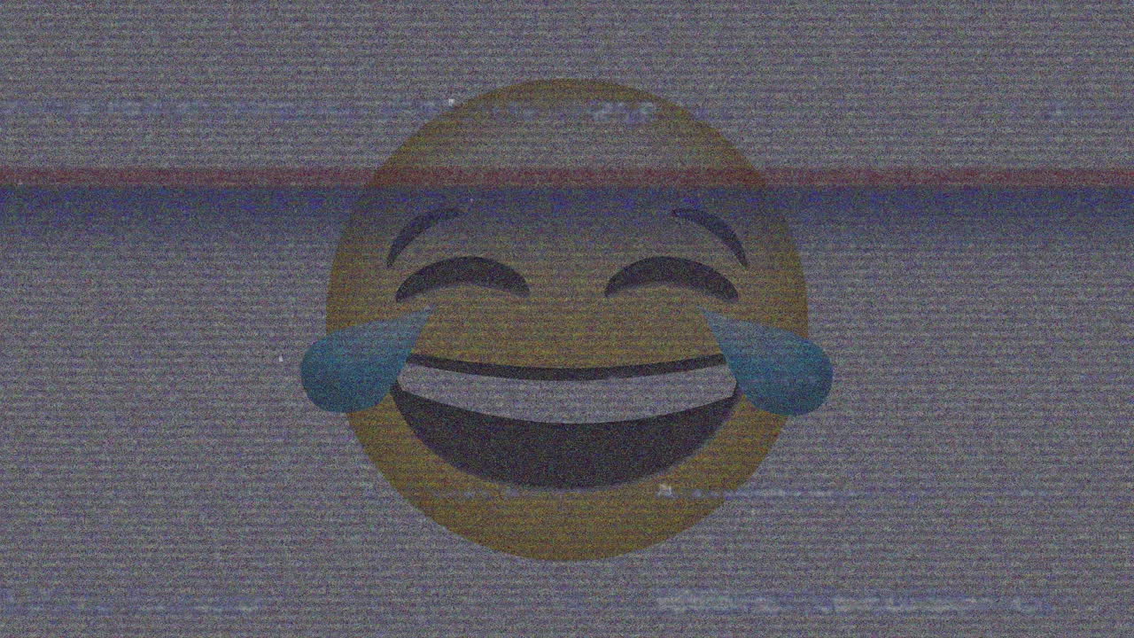 Digital animation of tv static effect over laughing face emoji against grey background