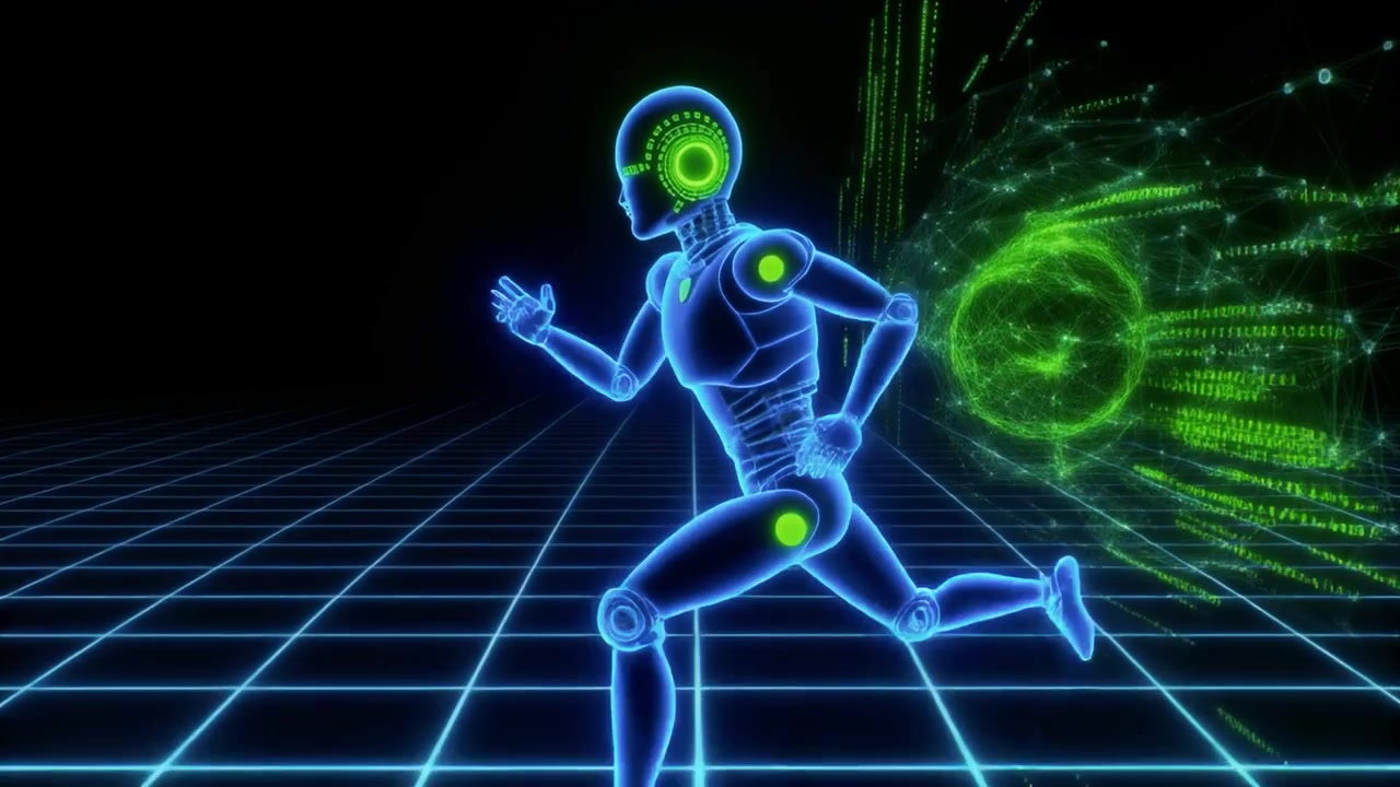 Digital Humanoid Robot Running Through Virtual Data Space