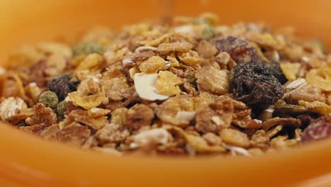 primer plano de granola en un cuenco de naranja
