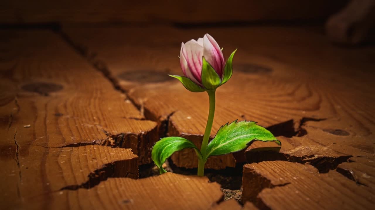 一株幼苗從木裂縫中破土而出，翠綠的葉子向溫暖的光線綻放。