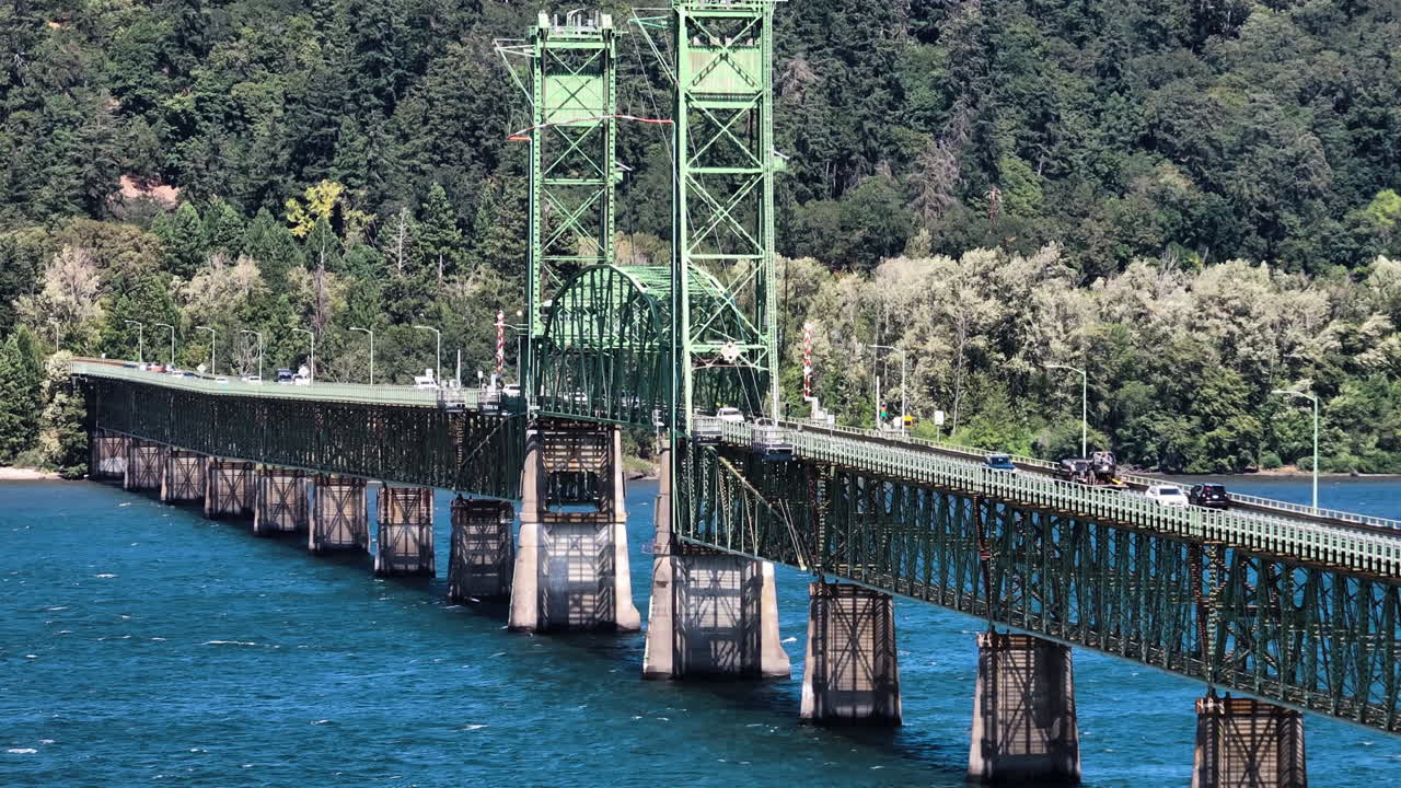 Telephoto drone shot of the Hood river bridge, sunny, summer day in Oregon, USA