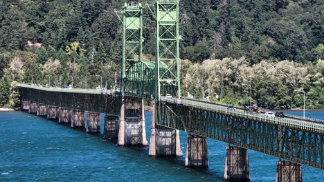 telephoto drone shot of the hood river bridge, sunny, summer day in oregon, usa