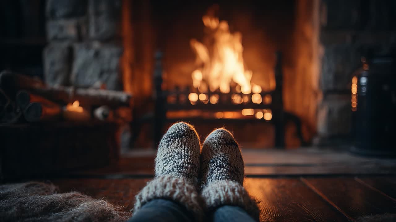 Cozy Evening by the Fireplace: Enjoying Warmth and Comfort with Soft Knit Slippers in a Rustic Setting, Embracing the Peaceful Ambiance of a Winter Night