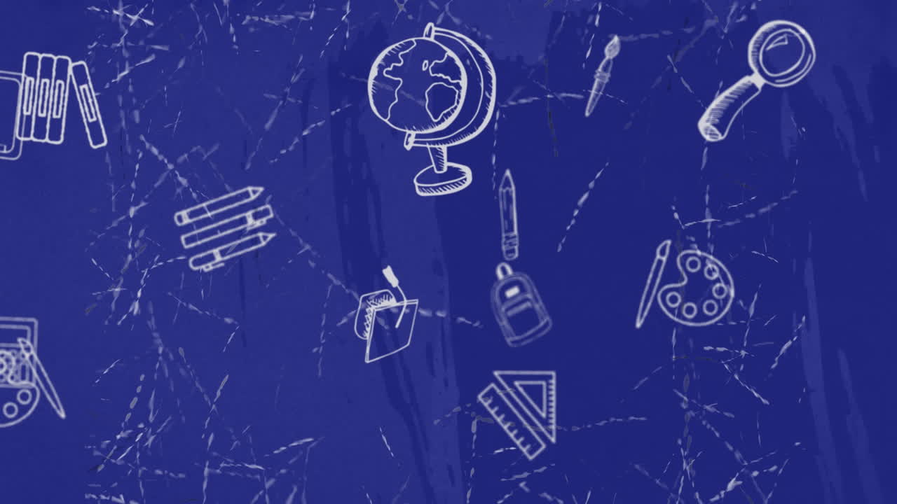 animación de los iconos de los artículos escolares en fondo azul