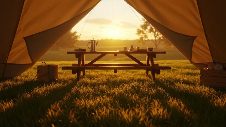 A Tranquil Sunrise Scene Inside a Camping Tent with a Picnic Table Set for Breakfast, Showcasing Warm Light Filtering Through the Fabric and Illuminating the Grass