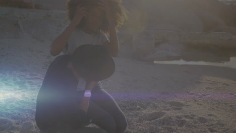 adjusting hat, woman sitting on sandy beach during sunset animation scene