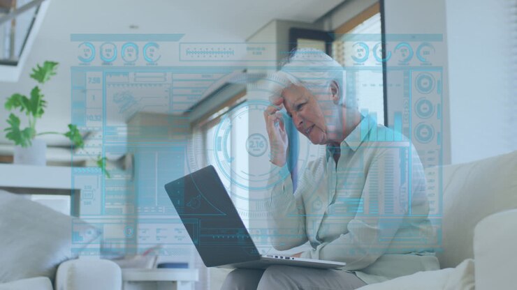 Animation von Finanzdatenverarbeitung über älterer kaukasischer Frau, die einen Laptop benutzt