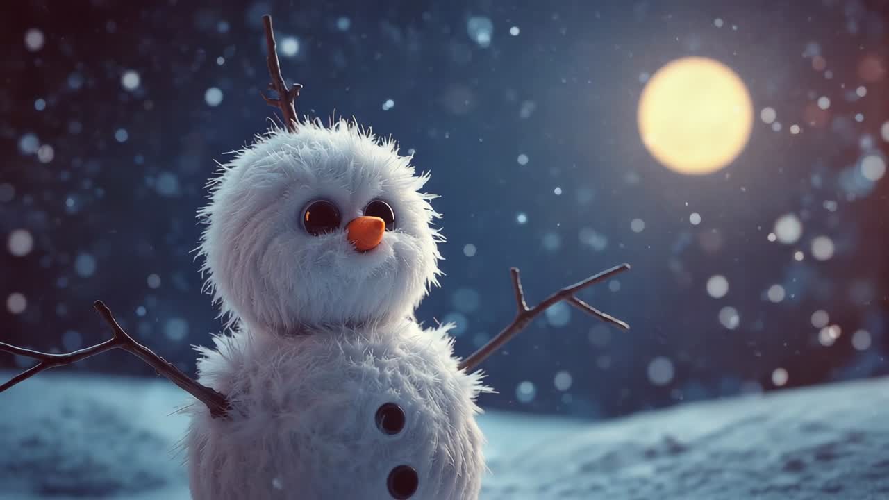 Pulling back camera revealing fluffy two-segmented snowman in snowy clearing, with glowing moon