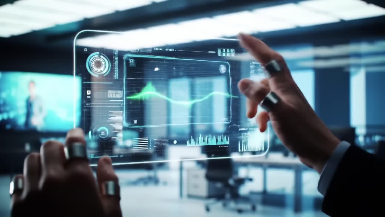 Futuristic Digital Interface Interaction: A User Engages with a Transparent Display while Analyzing Data in a High-Tech Office Environment