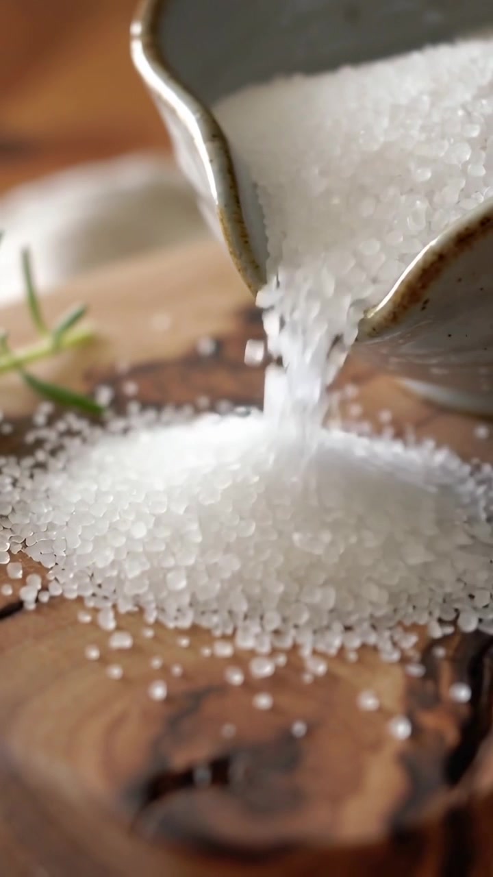Vídeo vertical: Tigela inclinada derramando tempero, sal grosso acumulando-se na tábua na cozinha