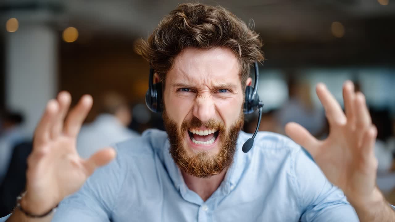 Intense Customer Support Interaction: An Engaging Series Featuring a man in Headset Displaying Emotion During a Challenging Call