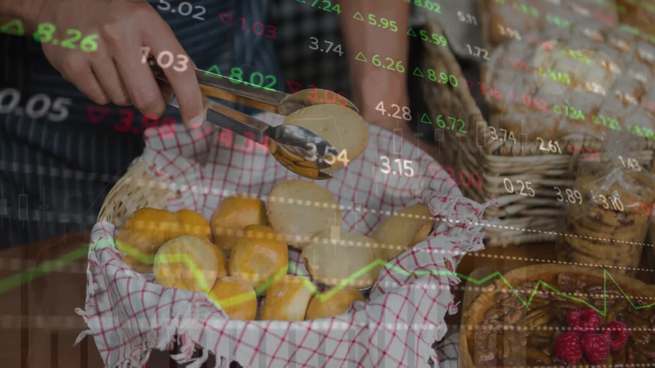 анимация изменяющихся чисел и графиков над серединой кавказского человека с маленьким хлебом