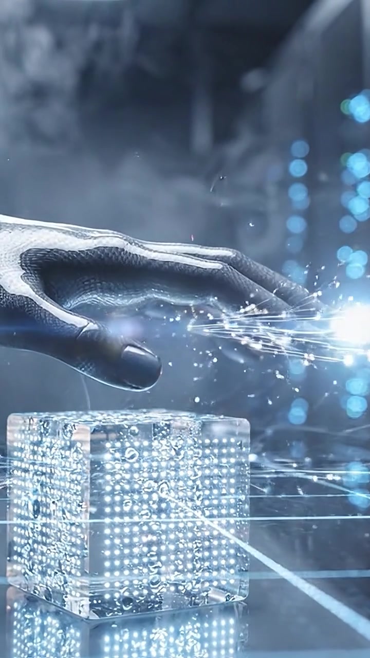 A robotic hand reaches towards a glowing ice cube, showcasing the fusion of technology and frost in a visually striking, futuristic setting with ethereal lighting.
