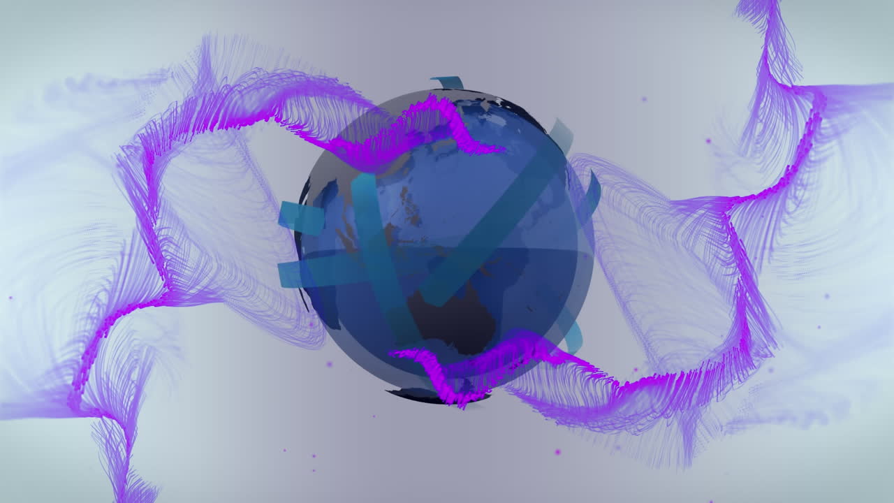 animación de cintas alrededor del globo y patrón de onda púrpura contra un fondo abstracto.