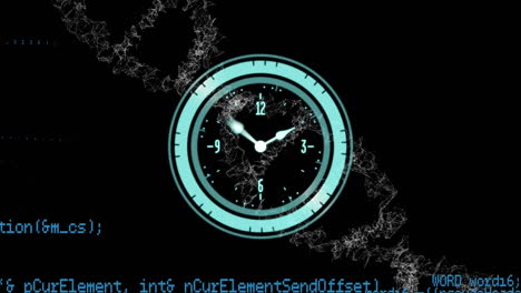 animación de reloj de neón, procesamiento de datos y estructura de adn giratoria contra un fondo negro