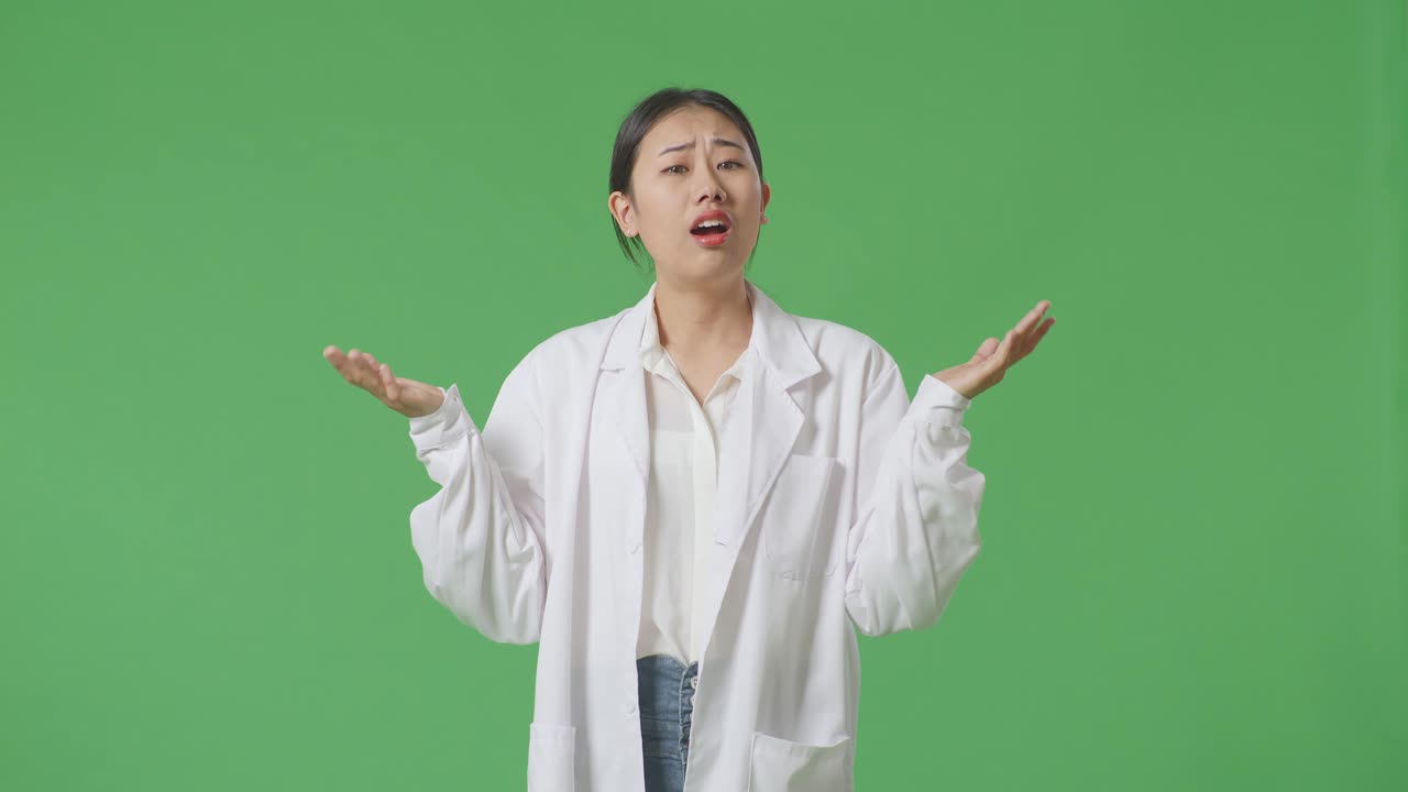 실험실 코트를 입은 혼란스러운 여자