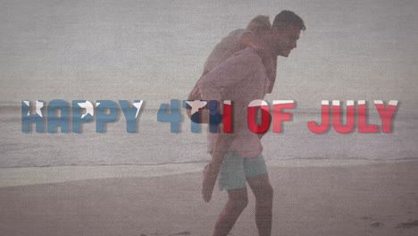 independence day text against caucasian man giving his wife a piggy back ride at the beach