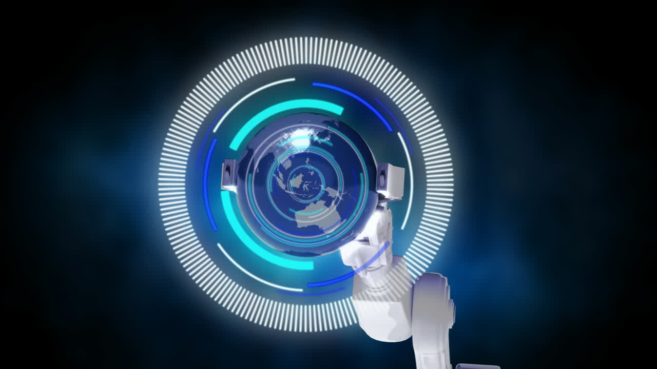 animación del escaneo del alcance y el procesamiento de datos a través del globo y la cámara de cctv.