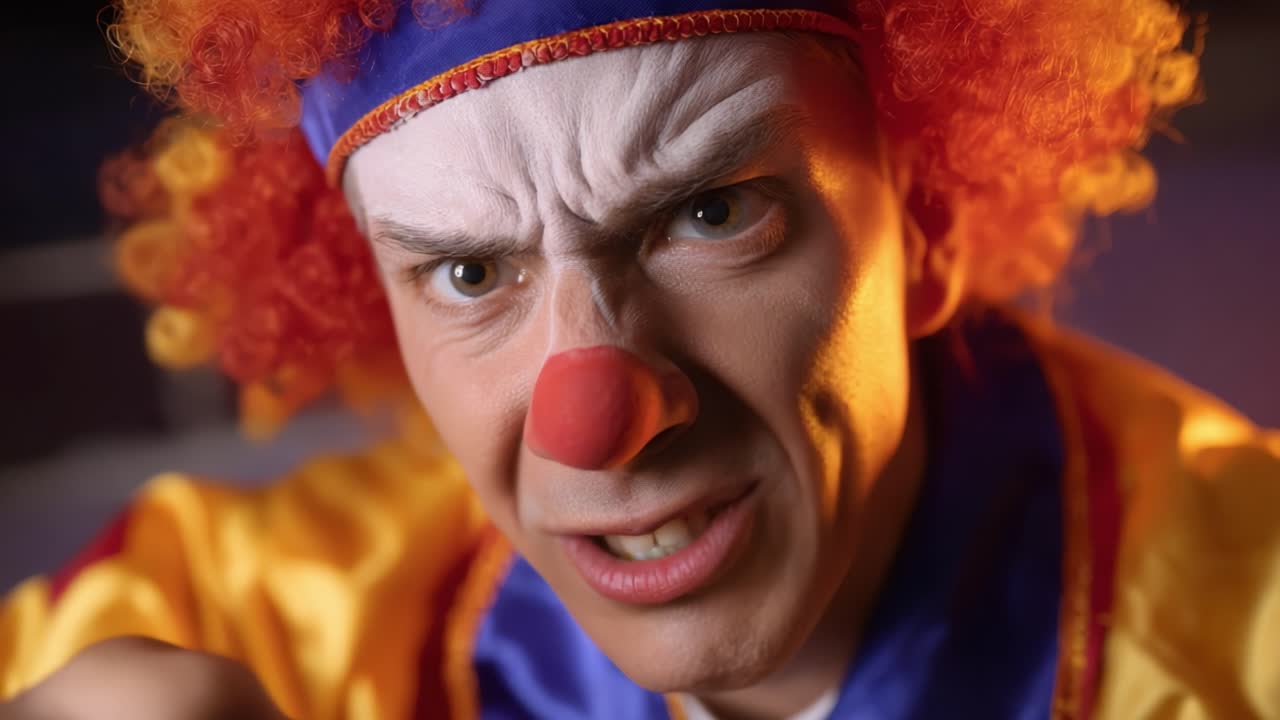 Intense Expressions of a Clown: From Anger to Joy, Capturing the Dramatic Shift in Emotions Behind the Mask of Laughter and Entertainment in Performance Art