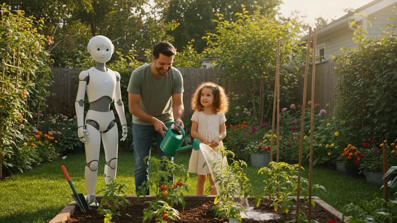 A Heartwarming Scene of a Father, Daughter, and Robot Collaborating in a Vibrant Garden While Watering Plants Together on a Sunny Day